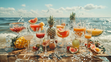 Colorful tropical cocktails on a beach table with splashes of water under a clear sky during a sunny day