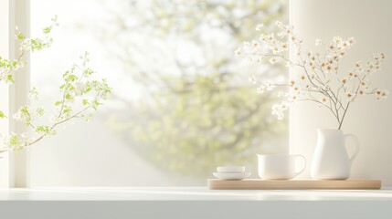 White ceramic vase with blooming white flowers and green leaves placed beside a white cup and saucer on a light - colored windowsill, with soft sunlight filtering through the window.
