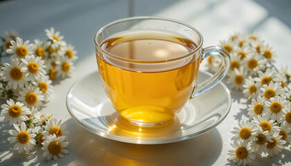A glass teacup filled with bright yellow chamomile tea, placed on a white ceramic saucer with delicate chamomile flowers arranged around it