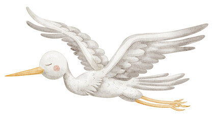 Watercolor illustration of a flying Ыtork with spread wings and a long beak. Hand-drawn Bird design symbolizing newborn delivery for Baby shower invitations or childish greeting cards in pastel color