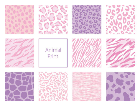 Animal print backgrounds include 11 different designs with pink and purple colors,  Seamless vector patterns