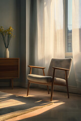 Sunlit reading corner with a mid-century modern armchair, textured upholstery, and wooden flooring. Natural light enhances the warm ambiance.