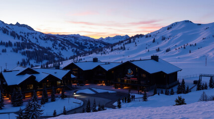 Fototapeta premium Winter evening at a mountain lodge amid snowy peaks and sunset glow