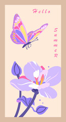 Cute gentle butterfly fluttering over a flower. Pastel colors, vertical shape, isolated vector illustration