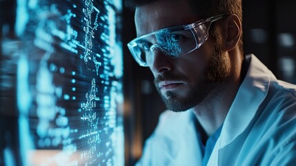 Focused scientist analyzing complex data on a glowing high tech screen display