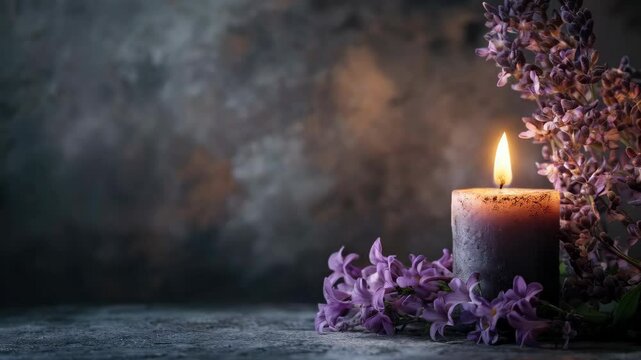 Candlelight with Lilac Flowers on Dark Background  