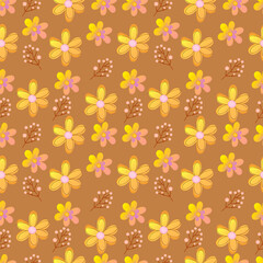 Obraz premium A seamless floral pattern of delicate flowers with pink centers, with small flowers and branches with berries.