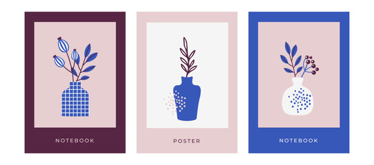 Abstract bohemian art aesthetic design. Arrangements of pottery and ceramic pots, vases with dry leaves, plants, flowers. covers for notebook, calendar, journal or sketchbook.