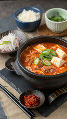 Kimchi Chchige (Korea): Spicy soup with kimchi, tofu and meat (or seafood). food vertical format 