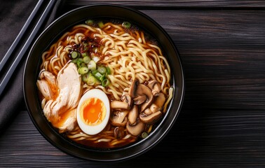 Ramen Bowl with Chicken, Egg, and Mushrooms on Dark Wooden Table