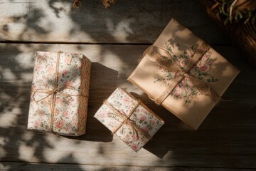 Three beautifully wrapped gifts with floral patterns and twine bows rest on a rustic wooden surface, bathed in sunlight.