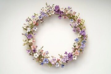 Delicate embroidered floral wreath in pastel shades creates a charming circular frame.