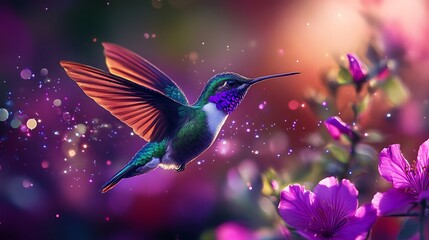 Beautiful hummingbird with shimmering wings flying around colorful flowers