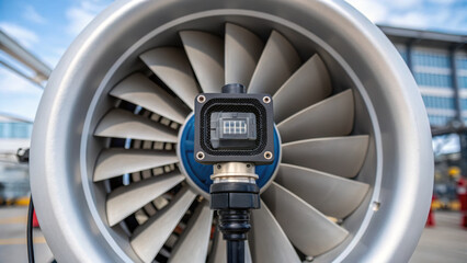High tech clean technology is showcased in this featuring jet engine turbine with intricate blades and sensor attached