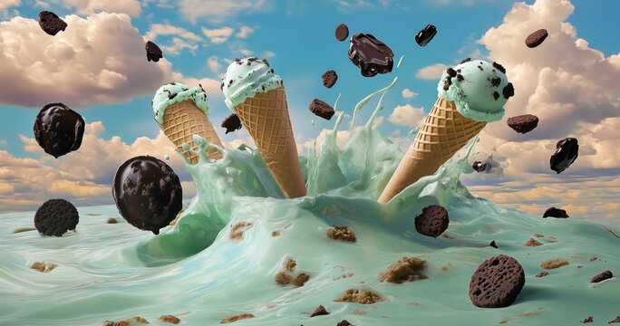 Des cornets de glace aux parfums menthe et chocolat, tourbillonnant dans une mer de cr&egrave;me liquide avec des morceaux de g&acirc;teaux, ciel bleu avec nuages en arri&egrave;re-plan.