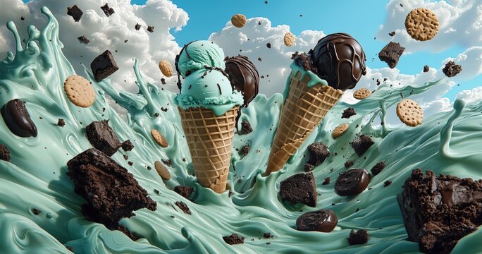 Une &oelig;uvre d'art num&eacute;rique repr&eacute;sentant des cornets de glace aux parfums menthe et chocolat, tourbillonnant dans une mer de cr&egrave;me liquide avec des morceaux de g&acirc;teaux.