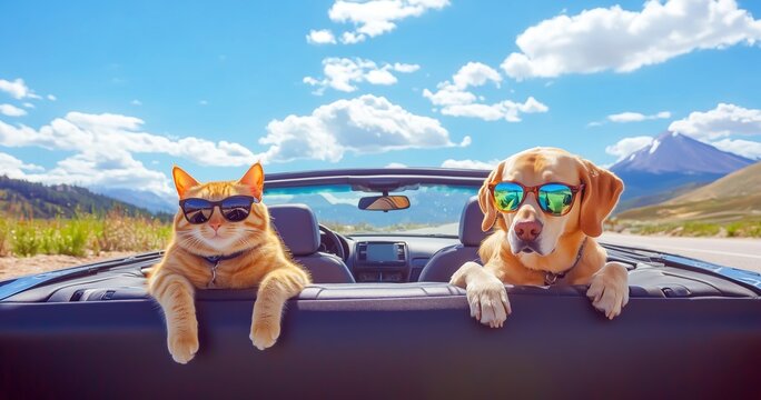 Un chien de race labrador et un chat roux, portant des lunettes de soleil, assis &agrave; l'arri&egrave;re d'une voiture d&eacute;capotable avec un paysage de montagnes avec ciel bleu et nuages en arri&egrave;re-plan.