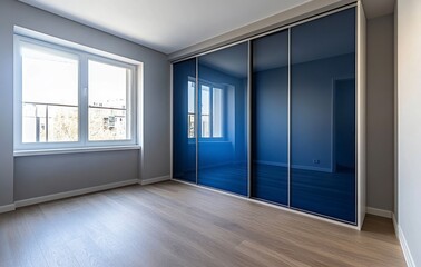 Obraz premium Bedroom with Modern Blue Wardrobe and Bright Window Light Design