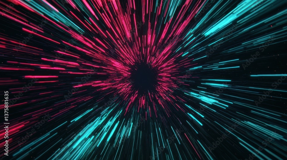 Poster a vibrant, abstract depiction of light streaks radiating from a central point, creating a sense of s