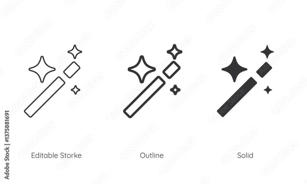 Poster AI magic wand icon set. Generate symbol and Artificial intelligence sign. Line and silhouette icon. Icons for app user interface and web elements. Vector illustration. Editable stroke.