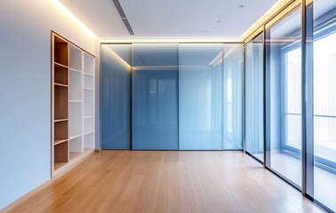 Obraz premium Modern Room with Wooden Floor Sliding Doors and White Bookshelf