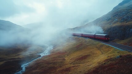 Scenic Scottish Highlands train journey shrouded in mist and dramatic landscape