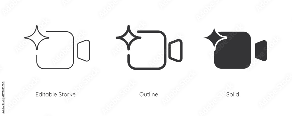 Leinwandbilder Generate video AI icon set. Video camera with generate symbol. Line and silhouette icon. Icons for app user interface and web elements. Vector illustration. Editable stroke.