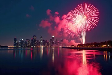 New Year countdown with fireworks and cityscape, celebration, vibrant