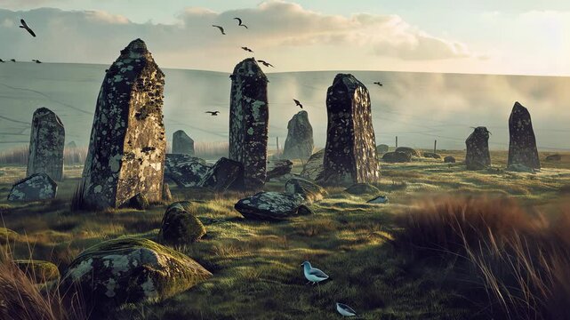Mysterious stone circle on windswept moor, ancient stones aligned with celestial movements. Whispering winds carry tales of druids and forgotten rituals