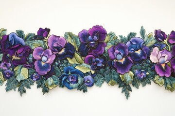Obraz premium Intricate embroidered floral border featuring vibrant purple and blue pansies, detailed leaves, and gold accents.