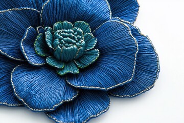 Intricate blue thread flower with detailed embroidery, showcasing skillful craftsmanship.
