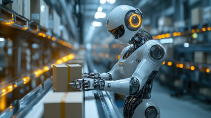 Fototapeta premium Robot Sorting Boxes. A futuristic robot carefully places boxes on a conveyor belt in a brightly lit warehouse setting, showcasing automation and precision.
