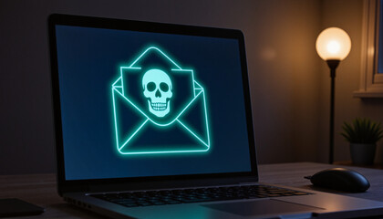 Glowing skull icon inside an envelope on laptop screen, phishing awareness in home workspace