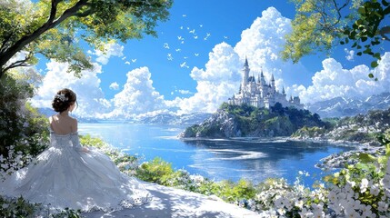 Bride in White Gown Gazing at Fairytale Castle by Serene Lake