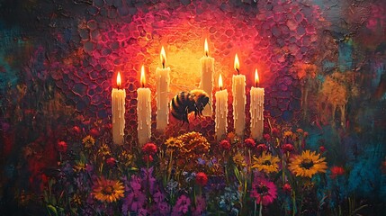 Vibrant floral garden with bees honeycomb and glowing candles in encaustic art