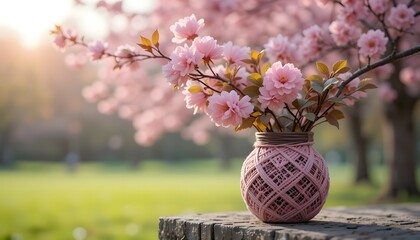 Beautiful cherry blossoms in a hand-knitted and decorative vase on a wooden table in a sunny park during springtime