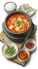 Kimchi Chchige (Korea): Spicy soup with kimchi, tofu and meat (or seafood). food vertical format 
