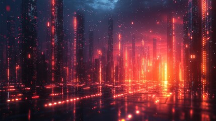 Fototapeta premium Futuristic city street at night with glowing red lights