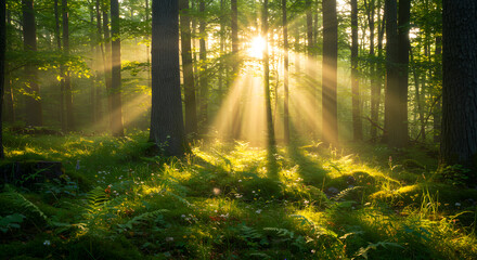 Obraz premium Lush green forest with sunlight filtering through tall ancient trees, creating a magical glow.