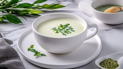Milk is gracefully poured into a white cup alongside matcha tea powder on a marble surface, showcasing a serene cafe atmosphere.