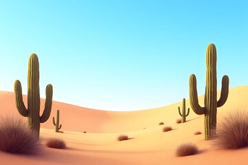 stunning Arizona desert landscape with towering cacti and expansive sand dunes under a clear blue sky, creating a peaceful, serene atmosphere