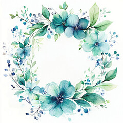 Obraz premium blue green round watercolor frame on white background. Tender floral arrangement for wedding design