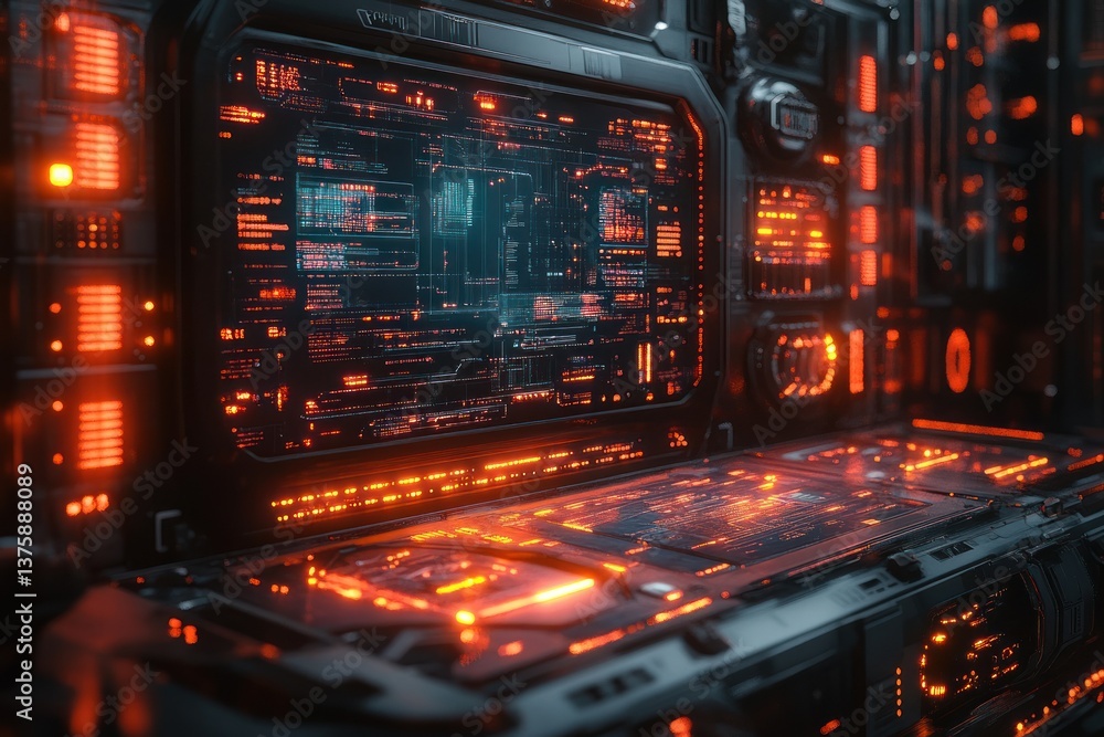 Poster futuristic spaceship control panel with glowing displays