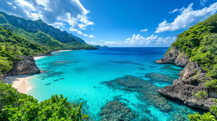 A stunning aerial view of a tropical island with crystal-clear turquoise waters, white sandy beaches, and lush green palm trees