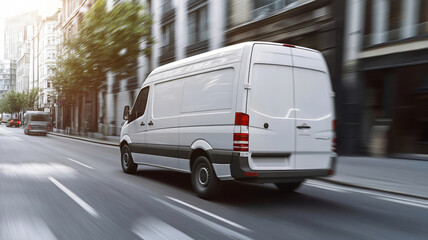 White delivery van speeding on an urban road with motion blur effect