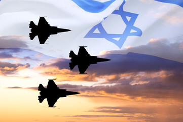 Military aircraft on background of sunset and flag of Israel. Air Force concept