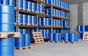 Blue barrel drums are stacked on wooden pallets on shelves. Concept of chemical industry, petroleum...