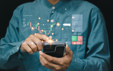 Digital investment platforms, Analyzing technical price charts, Investors show virtual screen stock market index chart to track stock market performance and Identify global investment opportunities