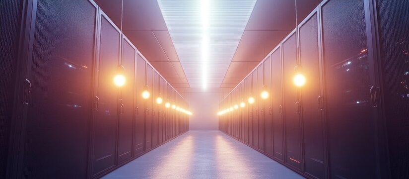 Illuminated server room hallway featuring rows of data storage equipment