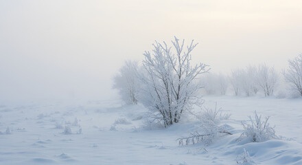 Frozen winter landscape with ice-covered branches and a soft layer of fresh snow.
